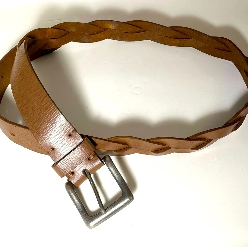 Zara Womens Braided Leather Belt 1.5 Inches Wide Caramel Tan Silvertone Buckle
